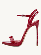 Red Patent Stiletto Heeled Sandals With Round Toe Ankle Strap